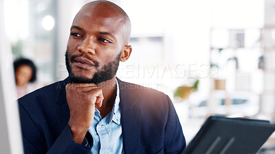 Buy stock photo Business, thinking and man in office, investor and planning for inflation crisis, tech and solution. Person, professional or financial advisor in workplace, reflection and decision for trading option