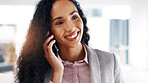 Office, phone call and businesswoman with smile for chat, real estate law and lawyer with good news. Happy, attorney and person with mobile for communication, talk and title deed update in business