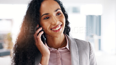 Buy stock photo Office, phone call and businesswoman with smile for chat, real estate law and lawyer with good news. Happy, attorney and person with mobile for communication, talk and title deed update in business