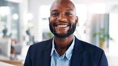 Buy stock photo Office, portrait and businessman with ambition, happy and real estate agent with career development. Corporate, realtor and black person with investment opportunity, smile or business growth in Kenya
