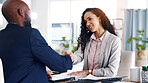 Business, handshake and people in meeting, investor and agreement for investment contract. Consulting, man and woman in office, shaking hands and partnership for b2b deal and cooperation for profit
