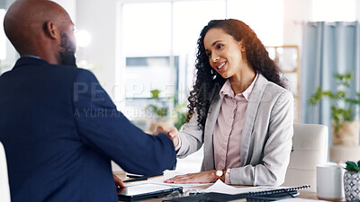 Buy stock photo Business, handshake and people in meeting, investor and agreement for investment contract. Consulting, man and woman in office, shaking hands and partnership for b2b deal and cooperation for profit
