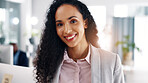 Office, portrait and businesswoman with smile, ambition or real estate agent with career development. Corporate, realtor and person with pride for investment opportunity, happy and business growth