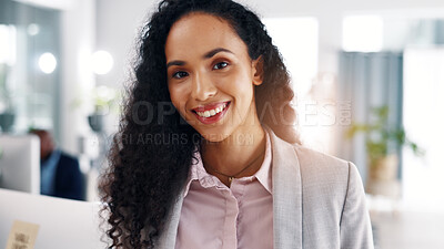Buy stock photo Office, portrait and businesswoman with smile, ambition or real estate agent with career development. Corporate, realtor and person with pride for investment opportunity, happy and business growth