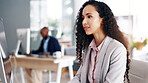 Business woman, smile and reading at computer for finance report analysis, email or investment information. Female auditor, online research or financial administration with review at coworking office
