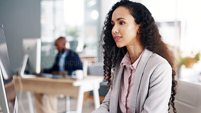 Buy stock photo Business woman, smile and reading at computer for finance report analysis, email or investment information. Female auditor, online research or financial administration with review at coworking office