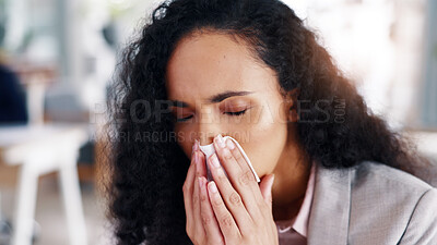 Buy stock photo Professional, woman and tissue with sneeze for allergy, sinus or hayfever with blowing nose at work. Business person, hands with toilet paper or wipe for cold, flu or sick with virus at workplace