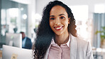 Office, portrait and businesswoman with ambition, happy or real estate agent with career development. Corporate, realtor and person with pride for investment opportunity, smile and business growth