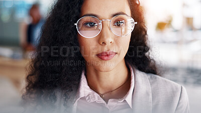Buy stock photo Glasses, reading and business woman in office for finance proposal, budget and project funding. Professional, eyewear and person online for planning, financial review and research for company growth