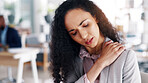 Business woman, shoulder pain or burnout at office, health problem or muscle strain with injury at work. Stress ache, exhausted or professional with posture issues, pressure or tension in workplace