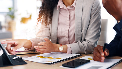 Buy stock photo Pointing, tablet and hands of business people in office, investment proposal and stock exchange research. Tech, teamwork and employees with trade project in workplace, risk assessment and planning