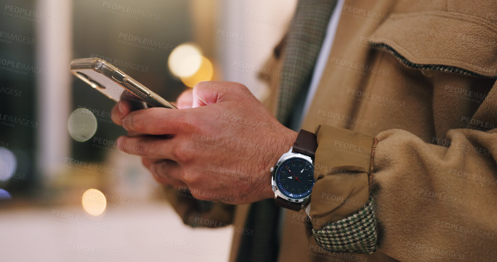 Buy stock photo Phone, hands and businessman in office at night with texting, communication or networking. Technology, contact and male person with typing email on mobile app for project deadline in workplace.