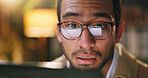 Night, surprise and man with laptop, glasses and deadline for news report, reflection and wow. Evening, person and journalist in workplace, eyewear and reaction for article rejection or pc for column