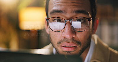Buy stock photo Night, surprise and man with laptop, glasses and deadline for news report, reflection and wow. Evening, person and journalist in workplace, eyewear and reaction for article rejection or pc for column