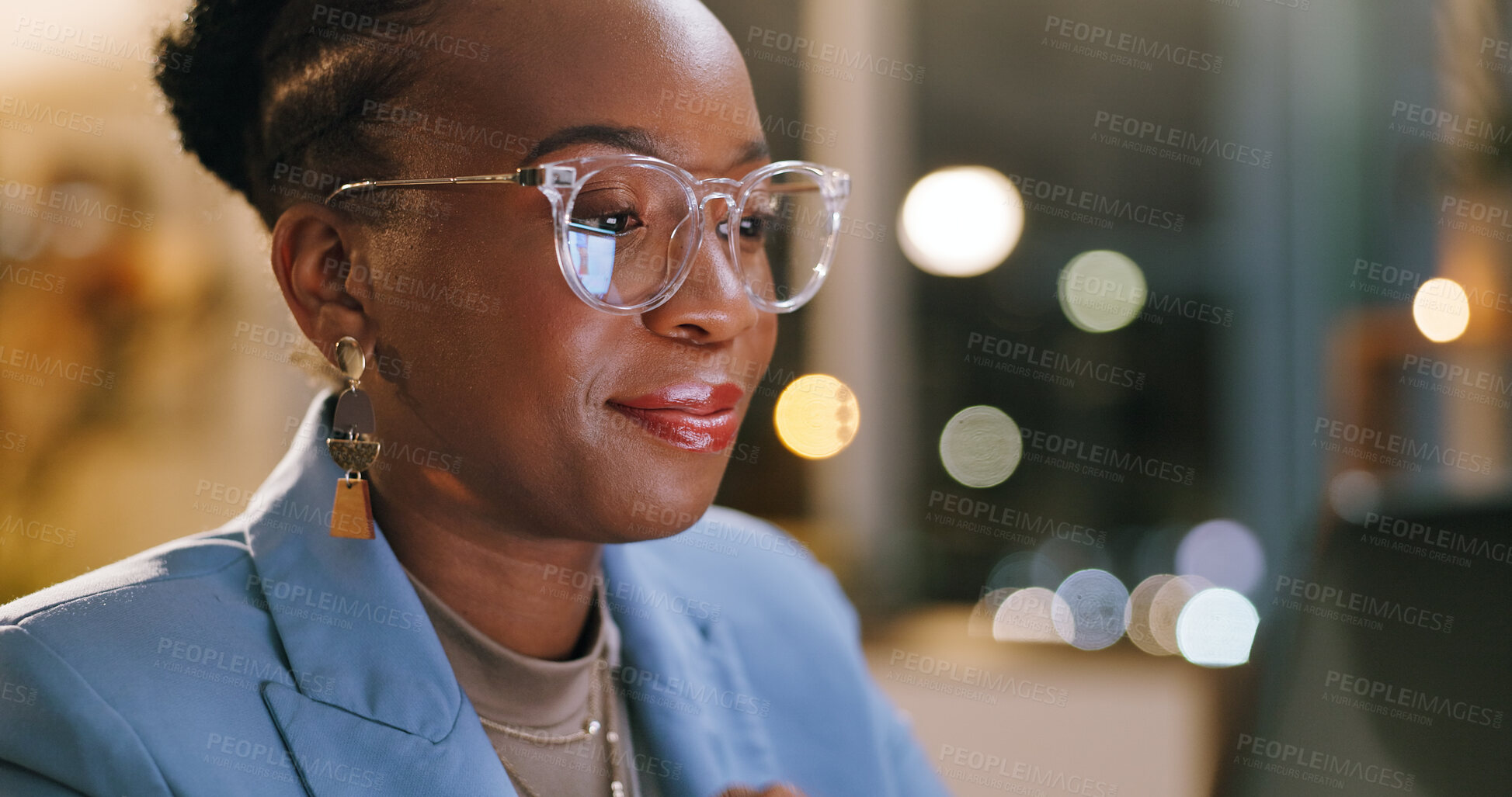 Buy stock photo Night, glasses or black woman in office with laptop, draft edit or fact checking in article review. Bokeh, specs or journalist in agency with tech, proofreading or industry research in overtime.