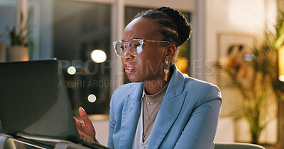 Buy stock photo Confused, black woman and laptop in office at night for bad news, online criticism and article error. Mistake, person and pc with negative feedback, false source and deadline fail for publication