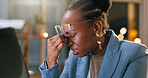 Business, black woman and headache with laptop at office for glitch, news error and burnout at night. Stress, journalist and migraine with pc, copywriting fail and brain fog from submission deadline
