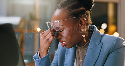 Buy stock photo Business, black woman and headache with laptop at office for glitch, news error and burnout at night. Stress, journalist and migraine with pc, copywriting fail and brain fog from submission deadline