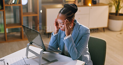 Buy stock photo Black woman, headache and laptop at office at night for glitch, news error and overworked. Stress, journalist and migraine with pc, copywriting fail and brain fog from pressure of submission deadline