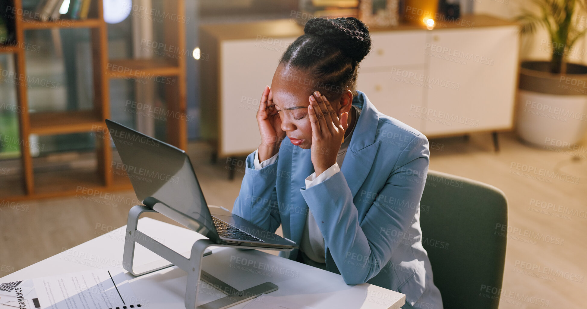 Buy stock photo Black woman, headache and laptop at office at night for glitch, news error and overworked. Stress, journalist and migraine with pc, copywriting fail and brain fog from pressure of submission deadline