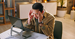 Business, man and headache with laptop at office for glitch, news error and employee burnout at night. Stress, journalist and migraine with pc, copywriting fail and brain fog from submission deadline