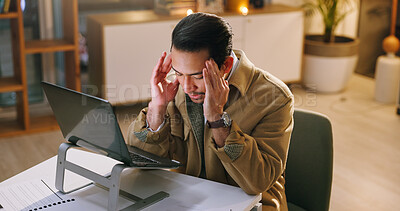 Buy stock photo Business, man and headache with laptop at office for glitch, news error and employee burnout at night. Stress, journalist and migraine with pc, copywriting fail and brain fog from submission deadline