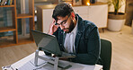 Night, headache and man in office, laptop for online submission and tension for deadline. Evening, person and journalist in workplace, pc and blue light exposure with fatigue, burnout and migraine