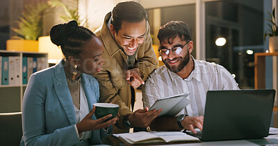 Buy stock photo Team, laughing and group with tablet in business, working late and journalist with article deadline. Newsroom, online and people with smile for funny story, pointing and reading with tech at night