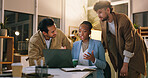 Night, review or team in office with laptop, draft feedback or proposal of article idea. Collaboration, people or journalists in agency with tech, report planning or column insight in overtime.