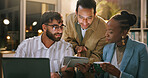 Group, reading and teamwork with tablet in business, working late and reporter with article deadline. Newsroom, online and people with smile for funny story, pointing and creative with tech at night