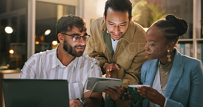 Buy stock photo Group, reading and teamwork with tablet in business, working late and reporter with article deadline. Newsroom, online and people with smile for funny story, pointing and creative with tech at night