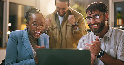 Buy stock photo Business people, laptop and team at startup for celebration, success or goals at night in office. Group, staff and happy with overtime, congratulations or applause for announcement at creative agency