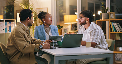 Buy stock photo Night, review or team in agency with laptop, draft feedback or proposal of article idea. Collaboration, people or journalists in workplace with tech, report planning or column insight in overtime.