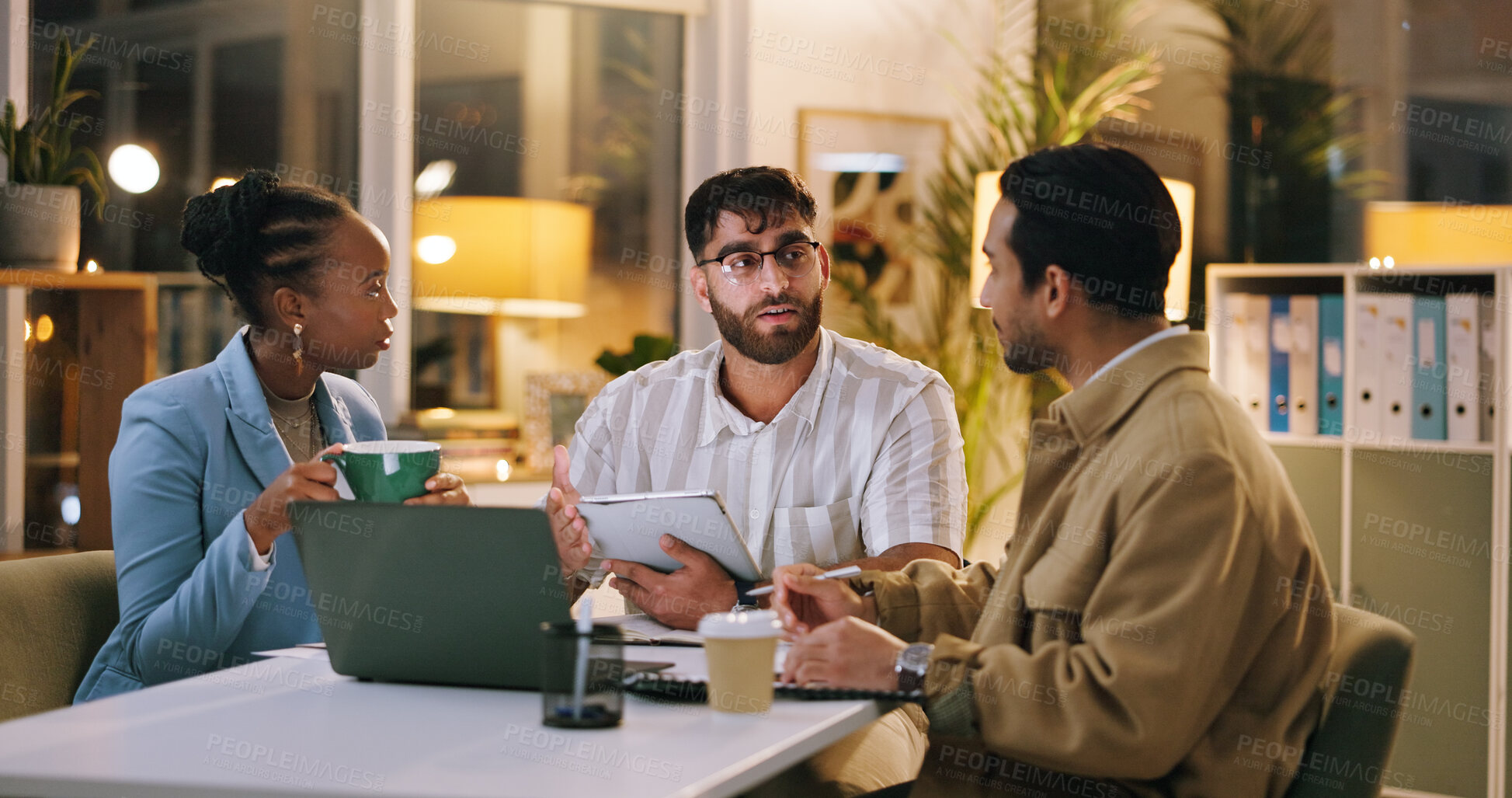 Buy stock photo Night, brainstorming or people in agency with tablet, draft feedback or proposal of article idea. Collaboration, problem solving or journalist with tech, report planning or column insight in overtime