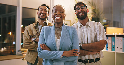 Buy stock photo Leader, portrait and team with arms crossed in business, journalist and laughing with group at night. Newsroom, solidarity and people with pride for career growth, humor and working late for deadline