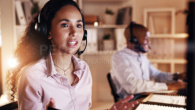 Buy stock photo Call center, woman and talk in office at night for help desk assistance, communication and advice at pc. Agent, conversation or customer support with telecom, headset and flare in coworking workplace