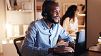 Black man, headset and callcenter at night with laptop, customer service and communication. Late, help desk assistance or male telecom agent in coworking office for support and client advice on tech
