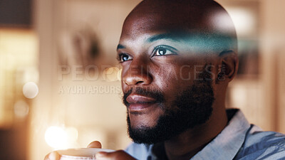 Buy stock photo Review, thinking or black man in office with coffee, budget insight or ideas for funding pitch. Business, tech or financial consultant with mug, forecast plan or proposal solution for investment.