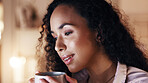 Review, thinking or woman in office with coffee, budget insight or ideas for funding pitch. Business, tech or financial consultant with mug, forecast plan or proposal solution for investment.