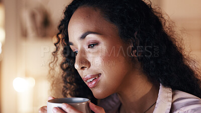 Buy stock photo Thinking, night or woman in office with coffee, insight or evening perspective for report pitch. Business, overtime or employee in agency with mug, proposal planning or project ideas in late shift.