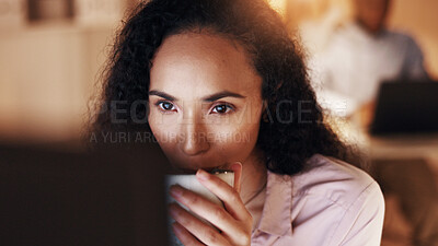 Buy stock photo Drinking, coffee and businesswoman with computer in office, working late and risk management on web. Treasury manager, online and person with tea at night, reading or financial evaluation in business