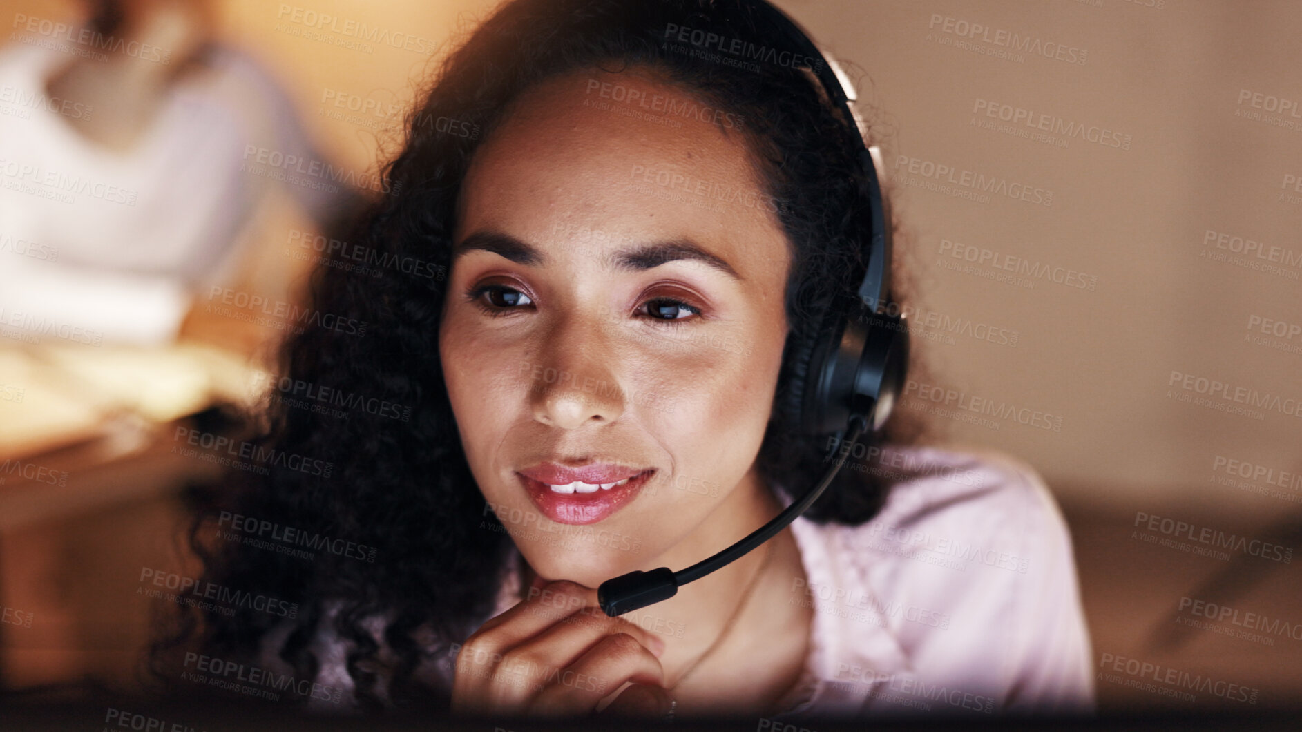 Buy stock photo Happy woman, headset and callcenter at night with thinking, customer service insight and reading on pc. Late, help desk assistance or agent in coworking office for support and review ideas for advice