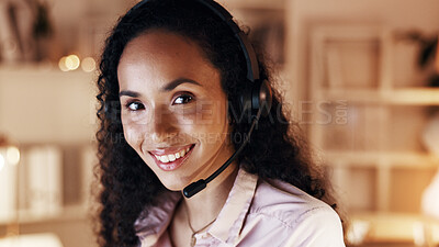 Buy stock photo Call center, woman and portrait in office at night for help desk assistance, communication and advice. Happy, female consultant and customer support with telecom, headset mic and late shift at agency