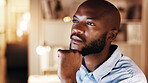 Serious, businessman and thinking at night in office, risk assessment and plan for investment on web. Business, treasurer and black person with financial decision, online or working late for deadline