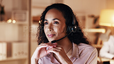 Buy stock photo Woman, headset and callcenter at night with thinking, customer service insight and reading. Late, help desk assistance or female agent in coworking office for support and review ideas for advice
