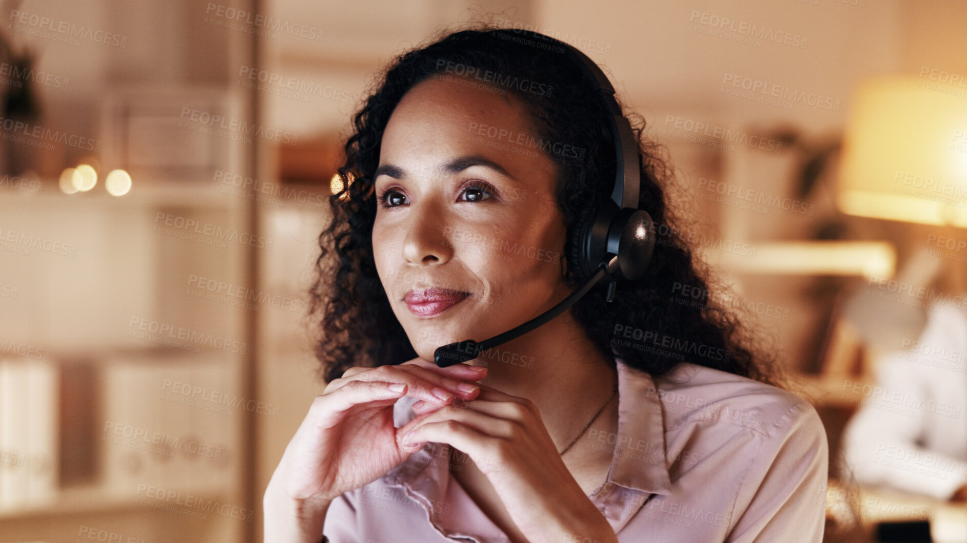 Buy stock photo Woman, headset and callcenter at night with thinking, customer service insight and reading. Late, help desk assistance or female agent in coworking office for support and review ideas for advice
