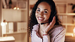 Call center, happy woman and portrait in office at night for help desk, communication and advice. Agent, client assistance or customer support with telecom, headset and smile on late shift at work