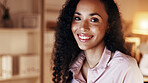 Happy, portrait and businesswoman in office at night with confidence for finance career growth. Smile, professional and financial manager with pride for job opportunity with overtime in workplace.