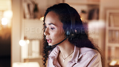 Buy stock photo Woman, headset and callcenter at night with talking, contact us or customer service with communication. Late shift, conversation and phone call for help desk assistance with agent on mic in office