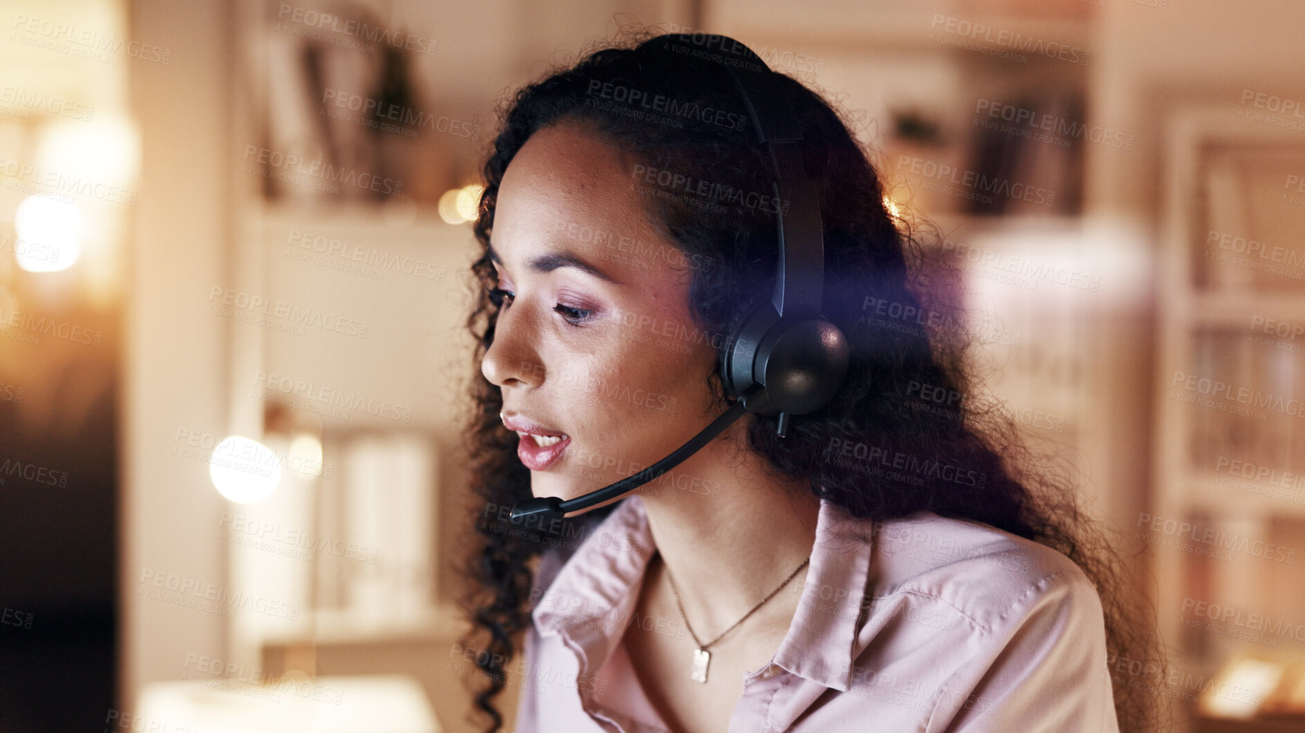 Buy stock photo Woman, headset and callcenter at night with talking, contact us or customer service with communication. Late shift, conversation and phone call for help desk assistance with agent on mic in office